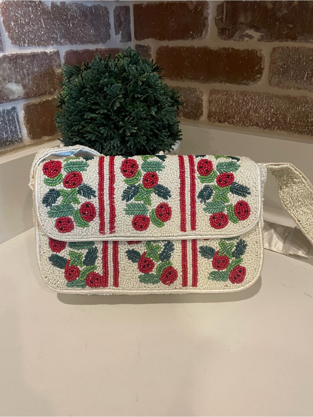 Rachel Zoe White Beaded Shoulder Bag with Red and Green Floral Motif